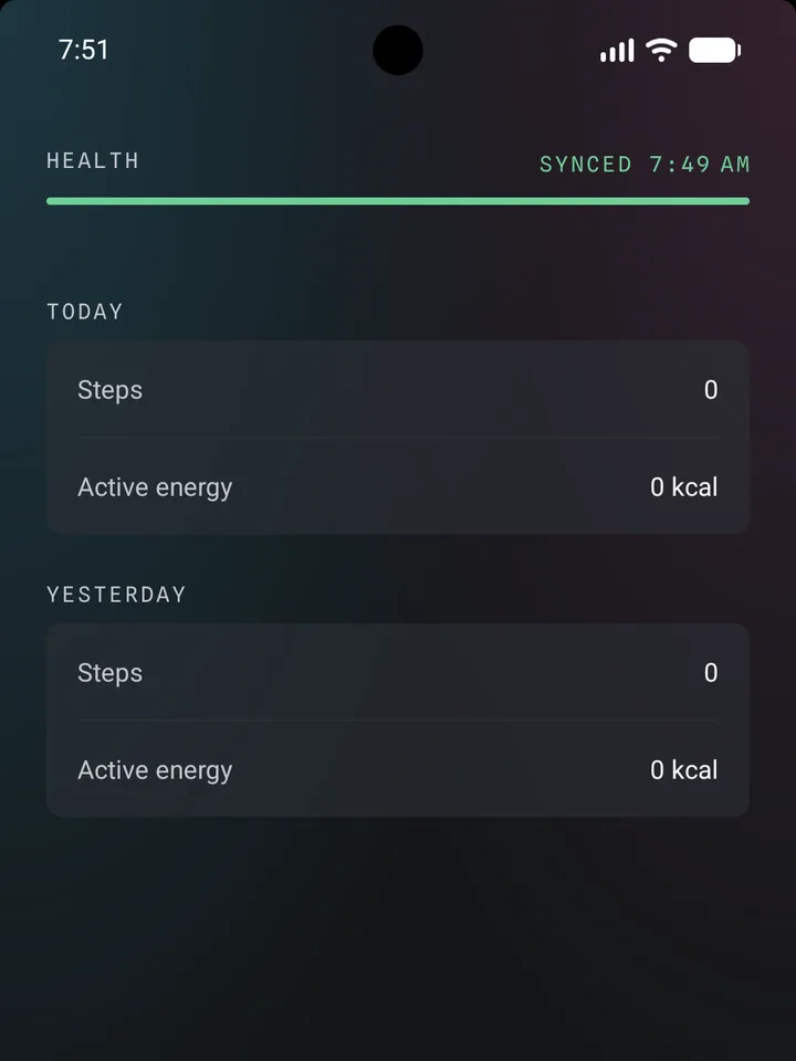 MendAI Diary health screen: steps and active energy for today and yesterday.